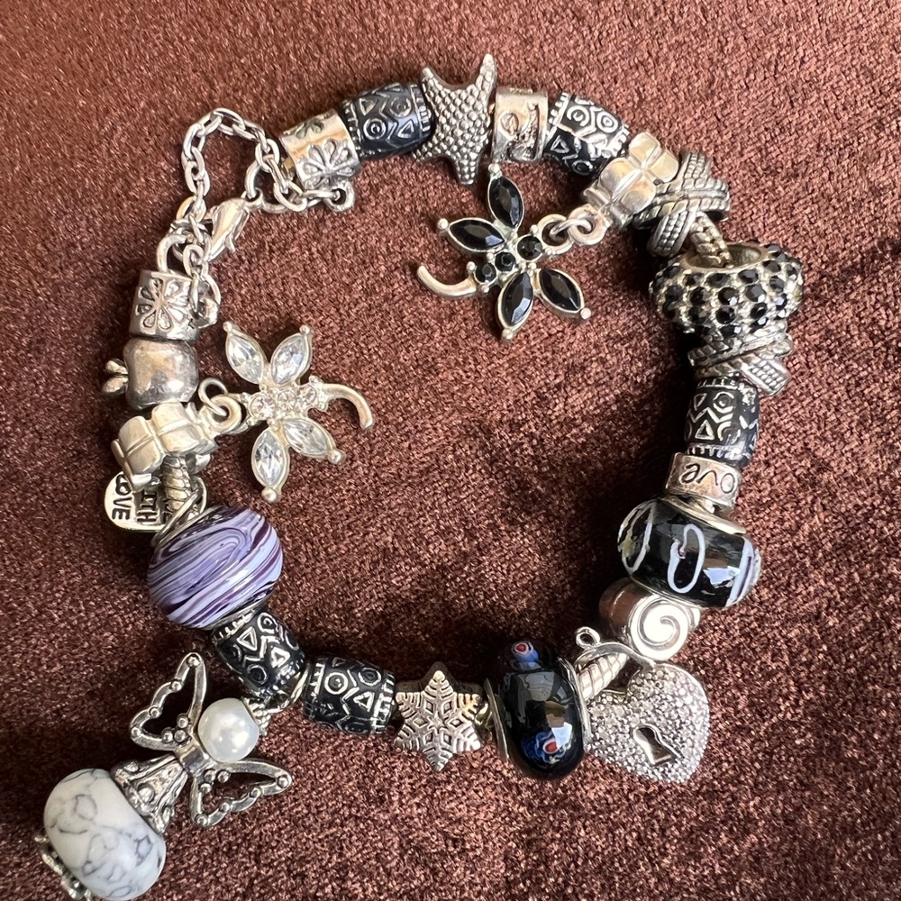 Sterling-Style Charm Bracelet with Purple and Black Beads